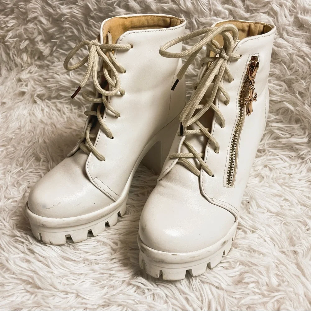 White Platform Lace-Up Heeled Booties - Picture 1 of 9